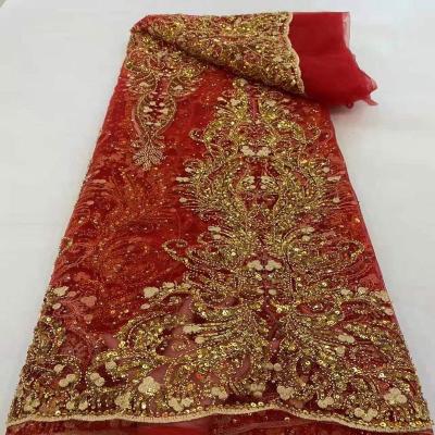 China Sustainable Wonderful Korean Gold Sequin Red Beaded Chantilly Lace Fabric Hoh for sale