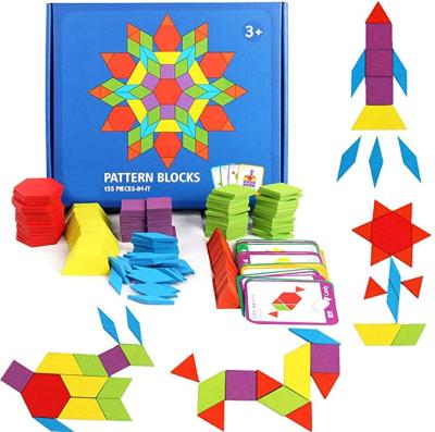 China Kindergarten Educational Geometric Classic Puzzle Shape Educational Set For Children With 24 Pcs Design Cards 155 Pcs Wooden Tangram Toys Set for sale