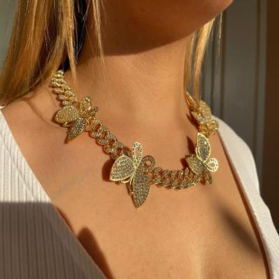 China Environmental Friendly KN7 CZ Diamond Cuban Link Chain Butterfly Necklace Hip Hop Gold Plated Cuban Butterfly Necklace for sale