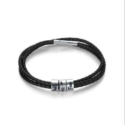 China 2021 Trendy Luxury Custom Logo Gift Stainless Steel Three-Ring Fashion Rope Leather Bracelet for sale