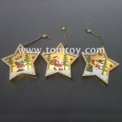 China Wooden Light Up Star Shape LED Wooden Christmas Hanging Ornament With Santa Snowman Reindeer Design for sale