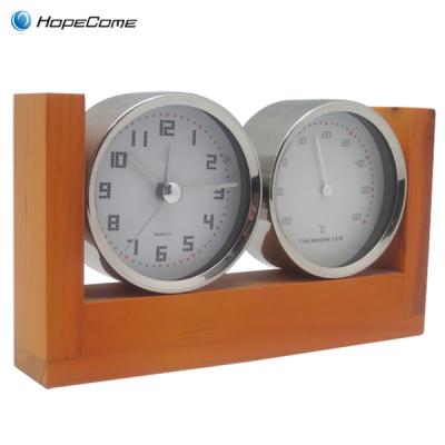 China Antique Style Antique Style Wooden Table Alarm Clock with Thermometer for Home Decoration for sale