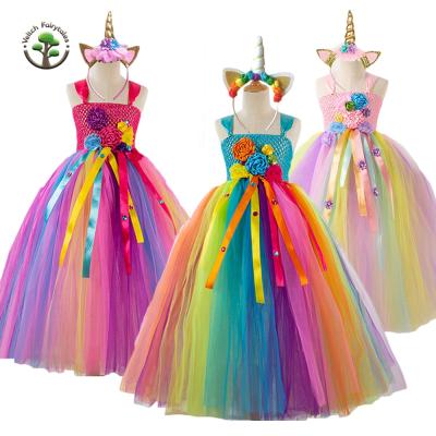 China Child Little Girl Wedding Ball Gown Cosplay Costume Washable Rainbow Flowers Unicorn Fluffy Layered Tulle Tutu Dress Outfit with Headband for sale