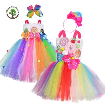 China Child Kids Girl Birthday Party Stage Rainbow Cosplay Washable Lollipop Costume Fluffy Layered Tulle Tutu Dress Outfit With Headband for sale