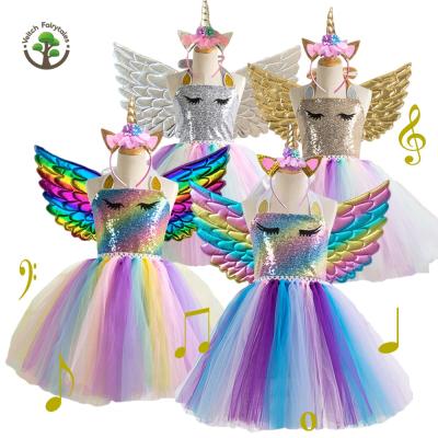 China Washable Unicorn Dress Fluffy Layered Tulle Tutu Rainbow Sequins Princess Dress Up Kid Toddler Girl Party Costume With Headband Wing for sale