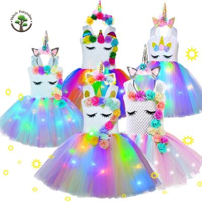 China Kid Toddler Girl Birthday Ball Washable Cosplay Party Costume LED Light Rainbow Unicorn Fluffy Layered Tulle Tutu Dress With Headband for sale