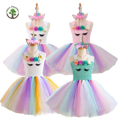 China Washable Princess Dress Up Costume Baby Kid Birthday Party Rainbow Flowers Unicorn Fluffy Layered Tulle Tutu Dress with Headband for sale