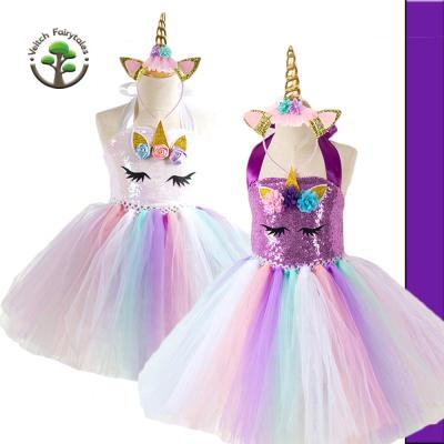 China Washable Unicorn Fluffy Layered Tulle Tutu Dress Rainbow Sequin Princess Dress Up Baby Kid Birthday Party Costume With Headband for sale