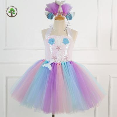 China Washable Kid Baby Birthday Party Cosplay Stage Costume Colorful Sequin Mermaid Tulle Fluffy Layered Tutu Dress With Headband for sale