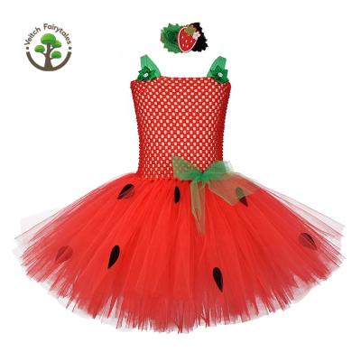 China Child Toddler Girl Christmas Photography Prop Washable Strawberry Cosplay Costume Fluffy Layered Tulle Tutu Dress Outfit With Headband for sale