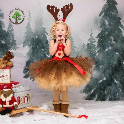 China Washable Kids Kids Baby Christmas Photography Prop Reindeer Cosplay Costume Fluffy Layered Tulle Tutu Dress Outfits With Headband for sale