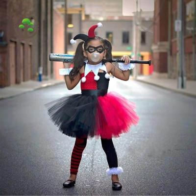 China Harley Quinn Clown Dress Up Costume Toddler Girl Halloween Stage Party Washable Tulle Tutu Dress Fluffy Layered Outfit With Headband for sale