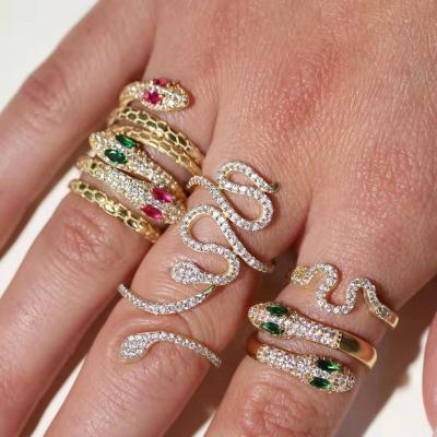 China Unique Fashionable Jewelry 18K Gold Plated Cubic Zirconia Snake Ring Stainless Steel Finger Ring Non-fading Zircon Rings For Women for sale