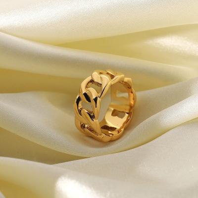 China Miami Chain Ring Waterproof Jewelry Non-fading Chic Thick Cuban 18K Gold Plated Stainless Steel Chunky Ring Fashionable Rings for sale