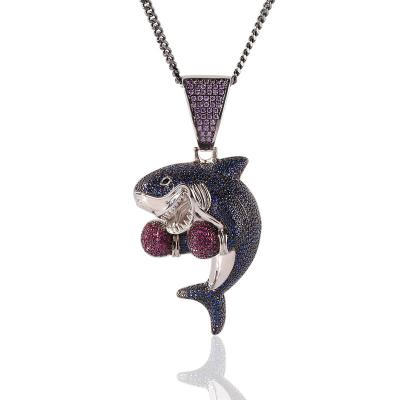 China Wholesale Hip Hop Jewelry Non-fading Brass Iced Out Cubic Zircon Diamond Boxing Shark Pendant Necklace For Men for sale