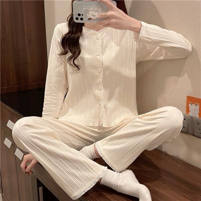 China 2022 Wholesale Breathable Pajamas Women Spring Autumn Lapel Cotton Long Sleeve Pants Women Leisure Home Use Korea Pajamas for sale