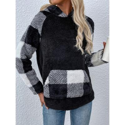 China Wholesale High Quality Anti-pilling Women's Front Pocket Fleece Plaid Black And White Hoodie for sale