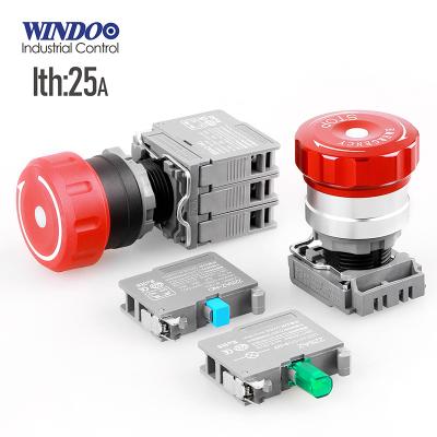 China WINDOO 25A Self-lock LED Light Lamp Emergency Stop Button CCC RoHS WDN22SA2-P High Lock 1NO1NC 2NC IP67 Waterproof Green Red Green Switch for sale