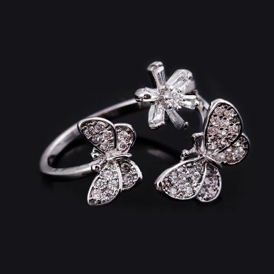 China Beautiful Two Butterfly Exquisite Appearance Zircon Rings Silver Color Flower Rings Jewelry Women Rings Support Adjustable Customization for sale