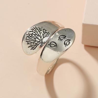 China Environmental Friendly Vintage Wired Crafting Ring Retro Brushed Craftsmanship Three Leaf Tree of Life Open Ring for sale