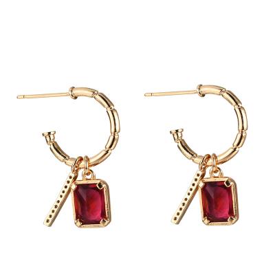 China New Design Red&Green&Purple Color Cute Square Zircon Pendant Real Personality Gold Plating Earrings C Shaped Stud Earrings For Women for sale