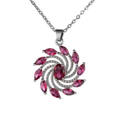 China New Personalized Environmental Friendly Flower Wheel Shape Emerald Ruby CZ Solid White Gold Plated Pendent Necklace For Woman Teens for sale