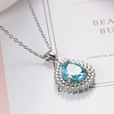 China 2020 New Fashion Bridesmaid Chain Necklace Jewelry Crystal Blue Zircon Necklace Short Pendant Simple Elegant Nickel Free Gift For Women for sale