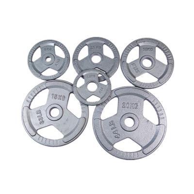 China Universal Wholesale Custom Gym Three Disc Baking Varnish Rubber Coated Weight Barbell Plates Sets for sale