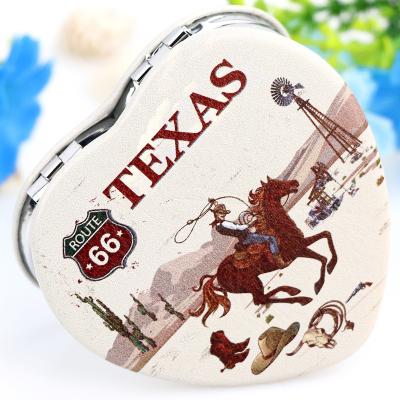 China Double Sided Custom Logo Round Heart Shaped Texas Souvenir PU Contract Pocket Tourist Mirror for sale