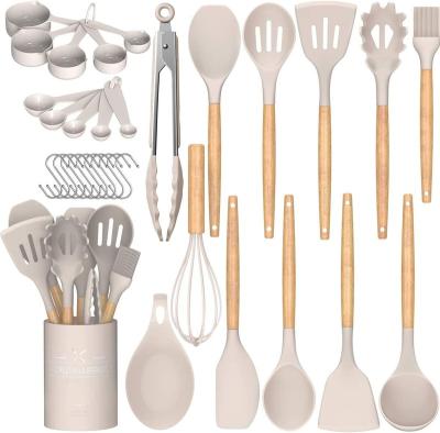 China Home Kitchen Cooking Cooking Utensils Set, 33 pcs Non-Stick Silicone Cooking Kitchen Utensils Spatula Set with Holder, Wooden Handle Silicone Kitchen for sale