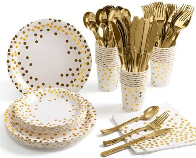 China 175pcs Gold Metallic Foil Dots Disposable Paper Plates Party Disposable Eco-Friendly Supplies For Family Friend Work Birthday Party for sale