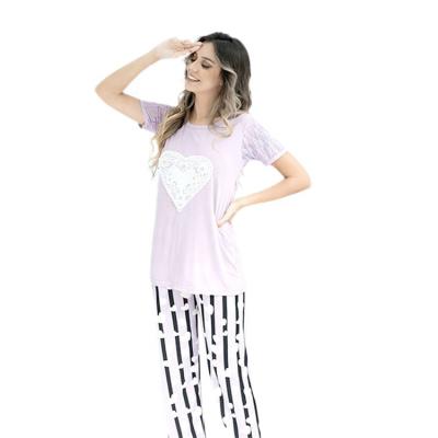 China QUICK DRY Women Sleepwear Set Round Collars Short Sleeve Casual Home Pants Nightgown Plus Size Sleepwear Comfortable Breathable Pajamas for sale