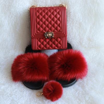 China Fashion Trend Burgundy Red Color Plush Fur Sandals Lady Shoulder Bag Jelly Purse Colorful Vertical Wholesale for sale