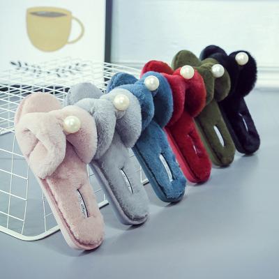 China New Design Fashion Trend Bow Open Toe Women's Slippers Faux Fur Indoor Sandals for sale