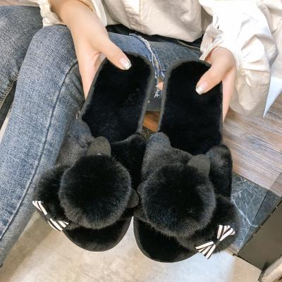 China Fashion Trend Ladies Pompom Plush Indoor Slippers Shape Peep Toe Warm Flat Winter Slippers for sale