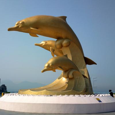 China Europe Large Metal Outdoor Decorative Animal Craft Golden Dolphin Bronze Statue for sale