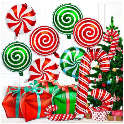 China Top Grade 30Pcs Christmas Foil Balloons Large Candy Cane Swirl Mylar Balloons With Red Green Ribbons Balloons For Christmas Day for sale