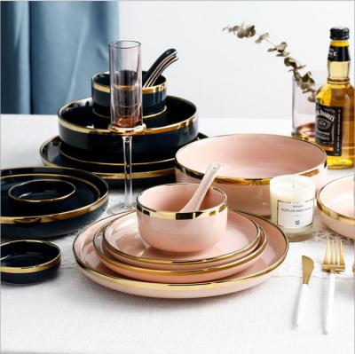 China Viable Wholesale Popular Design Luxury Gold Plated Round Ceramic Dish Rice Bowl Dinnerware Sets for sale