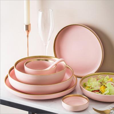 China Sustainable Top Grade Pink Blue Matte Hog 8pcs Set Breakfast Dinner Dish Home Dish Rice Bowl Porcelain Dinnerware Sets for sale