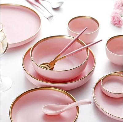 China 2021 New Trend Plating Rose Gilt 8/9/10inch Dish Disposable Matte Hotel Tableware Home Porcelain Ceramic Dish for sale