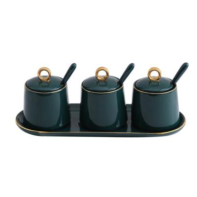 China Sustainable Luxury Kitchen Seasoning Jar Set Green Gold MSG Salt Seasoning Box Glazed Ceramic Gift Wholesale for sale