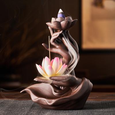 China American Ceramic Incense Backflow Censer Zen Buddha Hand Lotus Cense Waterfall Holder Agarwood Accessories Ornaments for sale