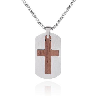 China TRENDY Fashion Jewelry Christian Wooden Jesus Wood Stainless Steel Dogtag Cross Men Pendant Necklace for sale