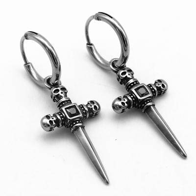 China High Quallity Hiphop Punk Style Cool Anti Silver Color Men Stainless Steel Skull Cross Pendant Earrings for sale