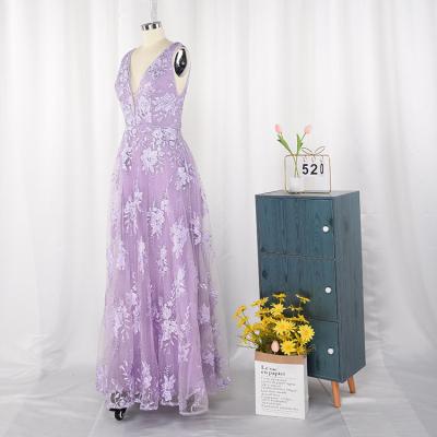 China Factory Wholesale Anti-Static V-Neck Embroidered Elegant Ladies Purple Beaded Trimming Dresses for sale