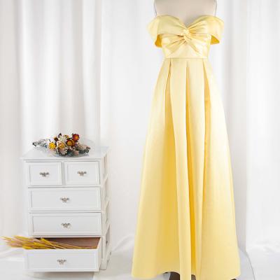 China OEM/ODM Anti-Static Ruffle Pleated Strapless Yarn Dyed New Yellow Dress Formal Off The Shoulder Dress Stain Evening for sale