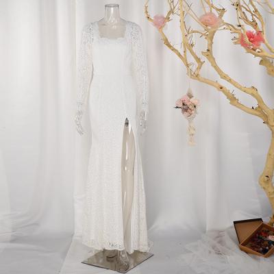 China Custom Made Anti-Static Fishtail Neck Long Sleeve Sexy White Logo Lace Wedding Dress Simple for sale