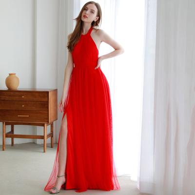 China Anti-Static Custom Made Red High Split Halter Sleeveless Backless Wedding Party Dress For Women for sale