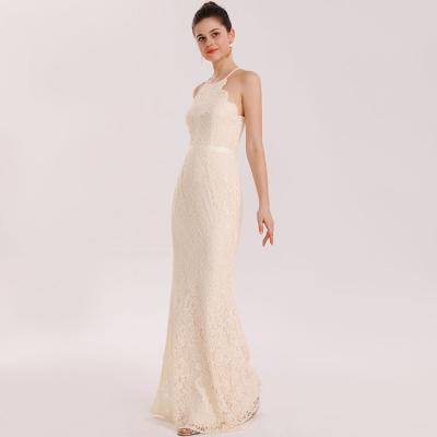 China Anti-Static Fishtail Sleeveless Tail Zipper Halter Lace Customization Beige Long Dress Wedding Dress For Women for sale