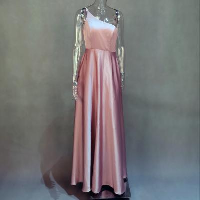 China Oblique shoulder single strap anti-static shinning pink silk glow bridesmaid dress evening dress hem beautiful for sale